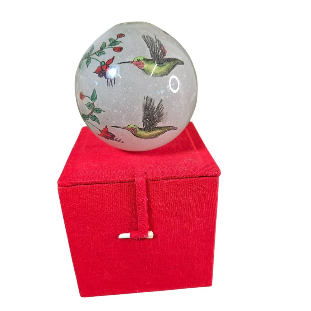 VTG Bill Yee Reverse Painted Glass Hummingbird Ornament Floral Collectible 1990
